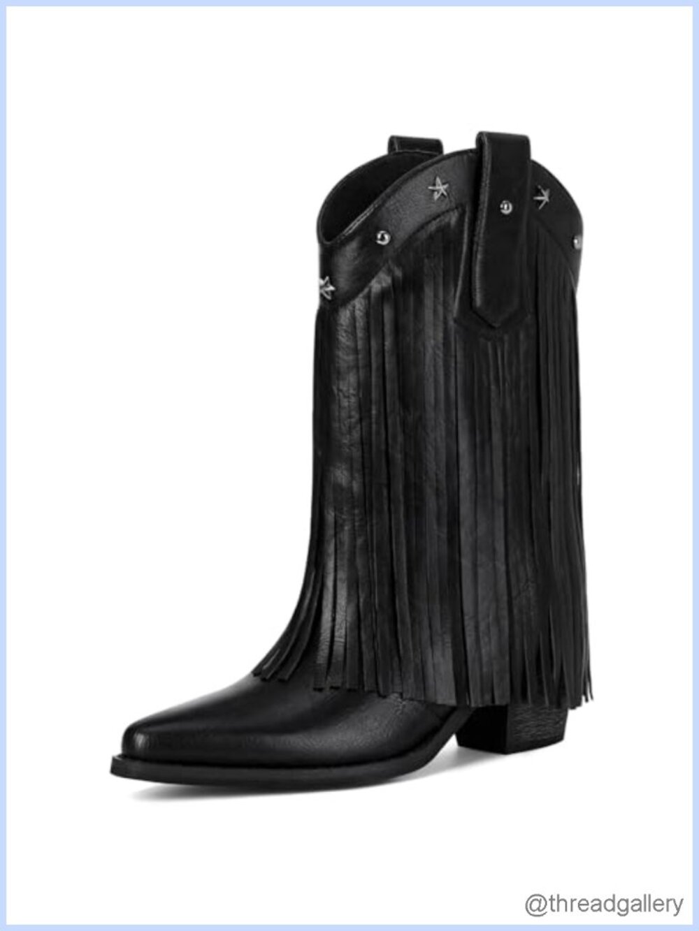 Fringe Cowboy Boots Women Mid Calf Suede Faux Leather Pointed Toe Chunky Heel